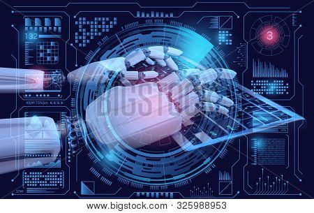 Robot Cyborg Typing On Keyboard. Sci Fi Hologram Control Panel Dashboard In Hud Style. Futuristic Ba