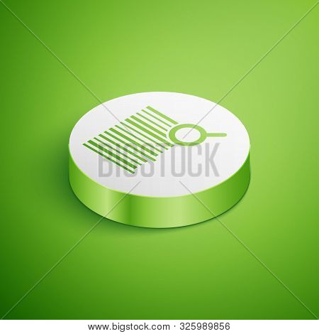 Isometric Search Barcode Icon Isolated On Green Background. Magnifying Glass Searching Barcode. Barc