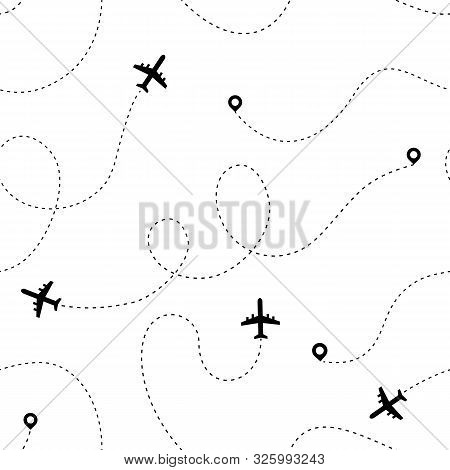 Airplane Dotted Path. Travel And Tourism Routes Romantic Illustration Concept. Vector Seamless Patte