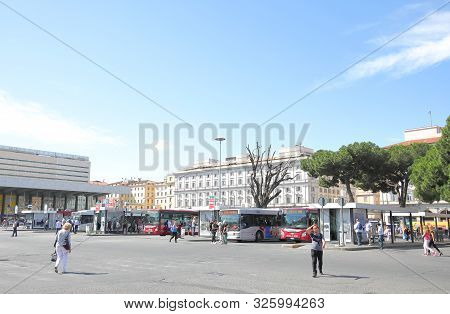 Rome Italy - June 13, 2019: Unidentified People Travel At Termini Station Bus Terminal Rome Italy