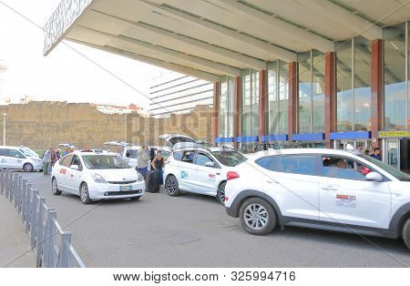 Rome Italy - June 13, 2019: Unidentified People Take Taxi At Termini Train Station Rome Italy