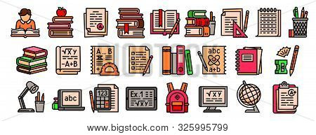 Homework Icons Set. Outline Set Of Homework Vector Icons For Web Design Isolated On White Background