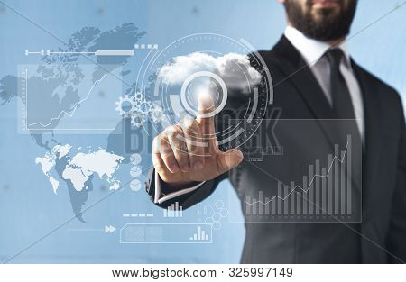 Businessman Standing And Working With Touch Screen Technology

- Earth Map From: Http://eoimages.gsf