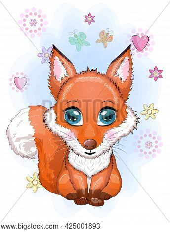Cute Cartoon Fox With Flowers On A White Background