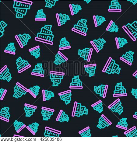 Line Babel Tower Bible Story Icon Isolated Seamless Pattern On Black Background. Vector