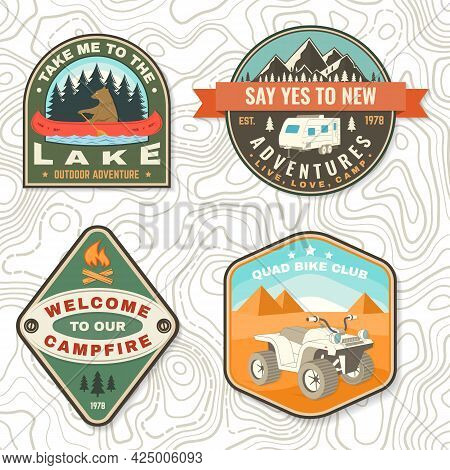 Set Of Camping Badges. Vector Patch Or Sticker. Concept For Shirt Or Logo, Print, Stamp Or Tee. Vint