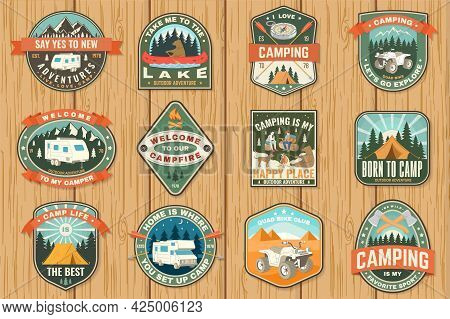 Set Of Camping Badges. Vector Patch Or Sticker. Concept For Shirt Or Logo, Print, Stamp Or Tee. Vint
