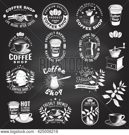 Set Of Coffe Shop Logo, Badge Template On The Chalkboard. Vector. Typography Design With Coffee Grin