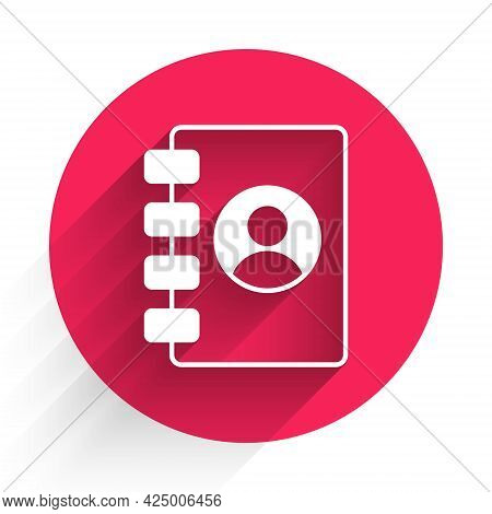 White Address Book Icon Isolated With Long Shadow. Notebook, Address, Contact, Directory, Phone, Tel