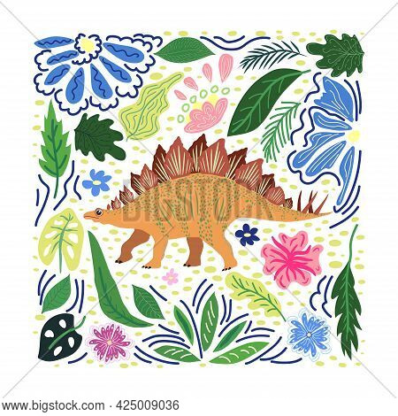 Stegosaurus Yellow, Prehistoric Dinosaurs Collection. Ancient Animals. Hand Drawn. In A Frame Of Flo