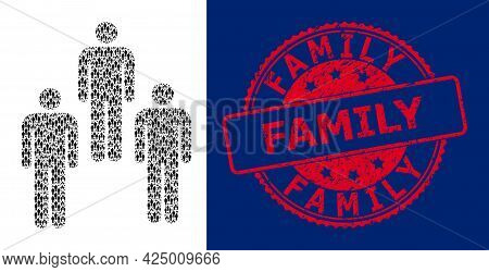 Family Rubber Round Stamp Seal And Vector Recursion Mosaic People. Red Stamp Seal Includes Family Te