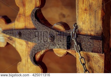 Old Vintage Iron Bolt On The Wooden Door Of The Russian Terem