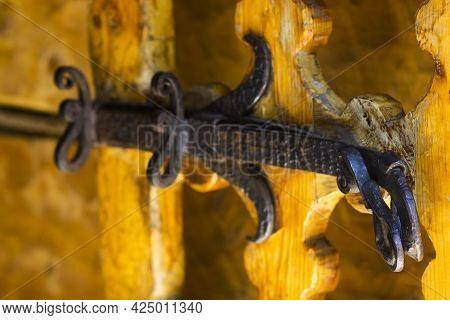 Old Vintage Iron Bolt On The Wooden Door Of The Russian Terem