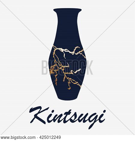 Renovated Kintsugi Japanese Vase Art Color Sketch Engraving Illustration. Kintsugi Inscription