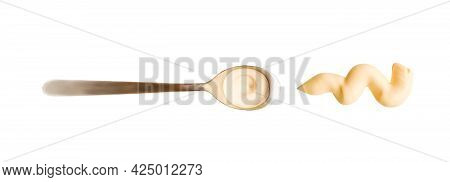 Mayonnaise Drop In The Spoon. Top View Of Sause Splash Isolated On White Background. High Reolution 