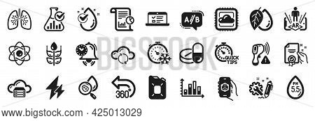 Set Of Science Icons, Such As 3d App, Electricity, Diagram Graph Icons. Engineering, Canister Oil, T