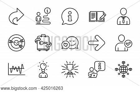Line Icons Set. Included Icon As Next, Luggage, Human Signs. Dating, Trophy, Targeting Symbols. Iden