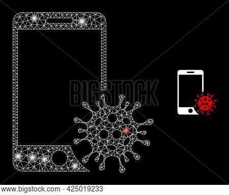 Magic Mesh Vector Smartphone Virus With Glare Effect. White Mesh, Bright Spots On A Black Background