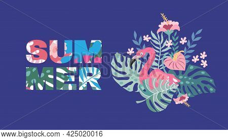 Summer Concept Design  With  Pretty Women,  Palm Trees, Tropical Leaves And Flowers. Exotic Modern  