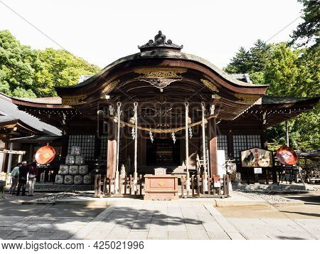 Kofu, Yamanashi Prefecture, Japan - October 26, 2017: Haiden Hall Of Takeda Shrine, A Shinto Shrine 
