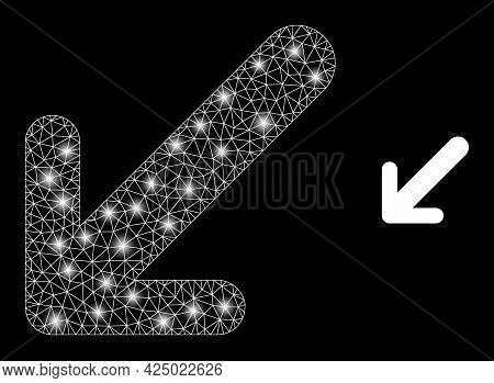 Glamour Mesh Vector Arrow Down Left With Glare Effect. White Mesh, Glare Spots On A Black Background