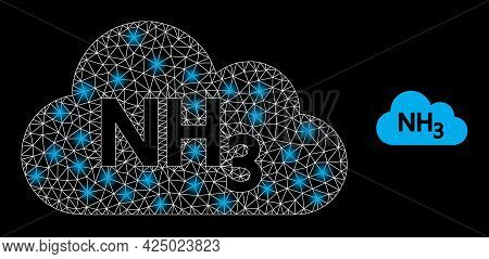 Glamour Mesh Vector Ammoniac Gas With Glare Effect. White Mesh, Glare Spots On A Black Background Wi