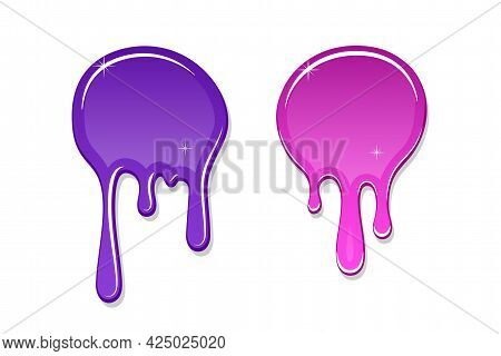 Drip Paint Spot 3d Set Isolated White Background. Pink, Violet Ink Splash. Splatter Stain Texture. D