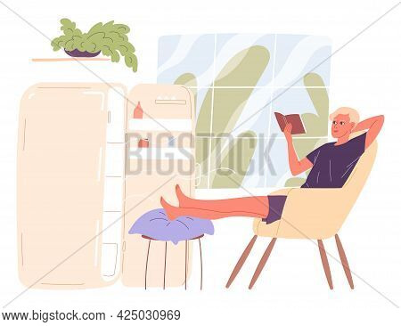 Man Sits By An Open Refrigerator And Chills Out In The Heat