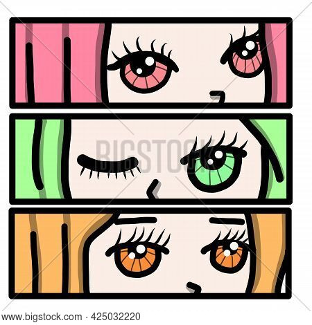 Japanese Anime With Manga Face. Anime Characters. Hand Drawn Trendy Vector Illustration. Pre-made Pr