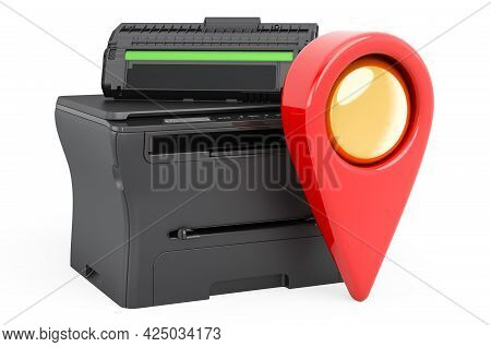 Map Pointer With Multifunction Printer Mfp, 3d Rendering Isolated On White Background