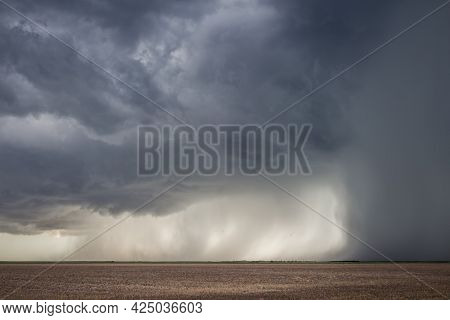 A Severe Storm With An Intense Precipitation Shaft Dumps Rain And Hail Over The Flat Landscape Of Ka