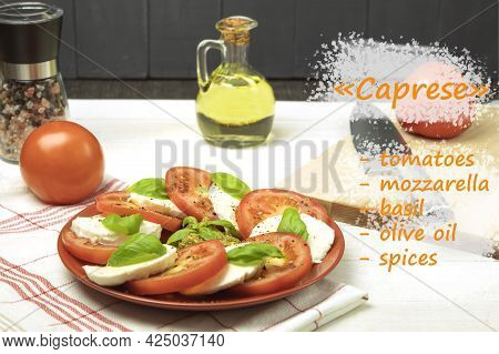 Caprese Salad In A Plate Over Wooden Background. Fresh Tomato And Mozzarella Cheese With Basil Leave