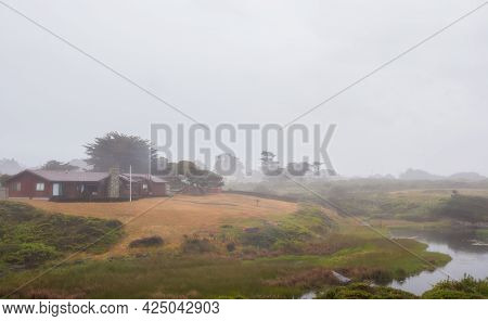 Fort Bragg, California - June 12, 2021: Scenic Foggy Coastal Landscape In Residential Area, Fort Bra