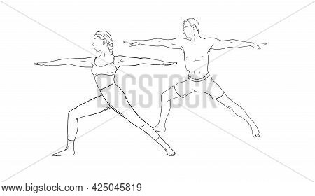 Yoga Warrior Asana Or Virabhadrasana I. Woman And Man Couple Practicing Yoga Asana. Hand Drawn Vecto