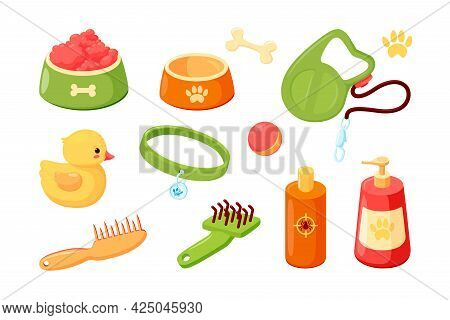 Dog Accessories With Collar, Bowls, Duck, Combs, Shampoo And Leash. Puppy Stuff For Grooming, Feedin