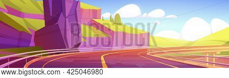 Overpass, Highway, Empty Road At Mountains Summer Landscape, Modern Infrastructure With Metal Railin
