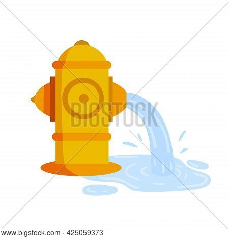 Fire Hydrant. Flat Cartoon Illustration. Yellow Icon Of Fire Fighting Tool. Jet Of Water. Leak And P
