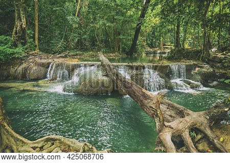 Forest And Waterfall At Ton Nga Chang Waterfall, Erawan, Songkhla, Thailand. Tourustic Attraction An