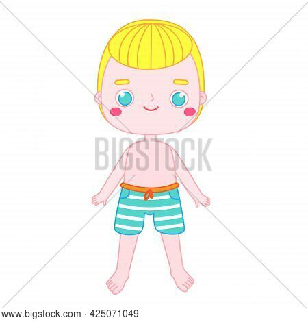 Boy Kid In Swimming Trunks. Beach Summertime Vacation Child