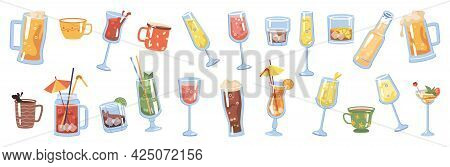 Glasses And Cups With Drinks And Beverages, Isolated Coffee And Tea. Champagne And Sparkling Wine, B