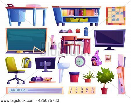 Furniture And Gadgets, Personal Belongings Of Pupils, Isolated School Classroom Elements. Table With