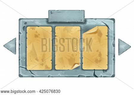 Vector Stone Sign Board, Game Ui Element, Cartoon Rock Tablet, Arrow Button, Ancient Blank Paper. Ol