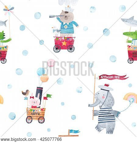 Watercolor background with cute ships on wheels, funny animals. Seamless pattern. Sea landscape. Sea voyage game.