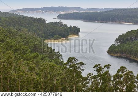 Landscape In Galicia With Forest And Estuary. Camarinas Village. Spain