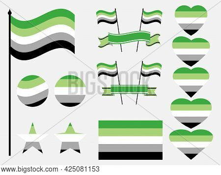 Aromantic Pride Flag Collection Of Symbols. Hearts, Stars And Circles With Aromantic Flag. Sexual Mi