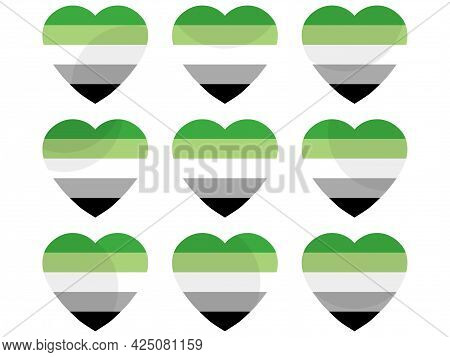 Hearts With Aromantic Flag, Icon Set. Aromantic Pride Day. Lgbt Sexual Minorities. Collection Of Ico