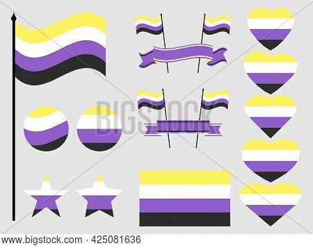 Nonbinary Pride Flag Collection Of Symbols. Hearts, Stars And Circles With Nonbinary Flag. Sexual Mi