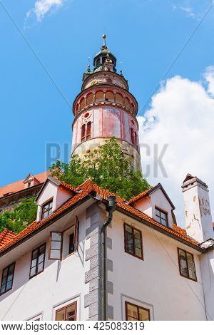 Colorful And Ornamental Tower Of Cesky Krumlov Castle. Cesky Krumlov, Czech Republic.