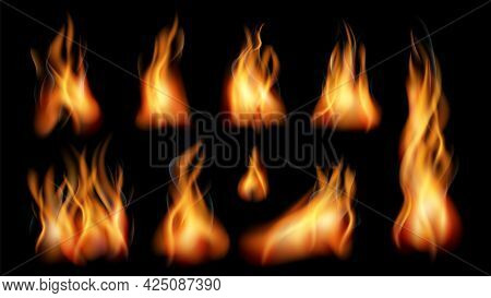 Realistic Fire. Bright Flames, Fires Flame Isolated On Black. Smoke Effect, Fireplace Or Burn Torch 