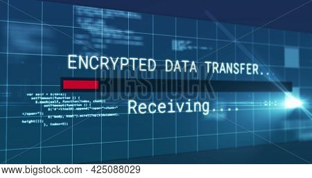 Image of encrypted data transfer text flickering digital interface on screen. global connections, data processing, computing and digital interface concept digitally generated image.